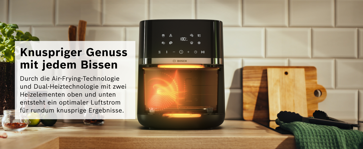 Фритюрниця повітряна Bosch Serie 4, XL, 6.1 л, чорна, 7 програм, розморожування, підігрів, сенсорний дисплей, MAF462B0