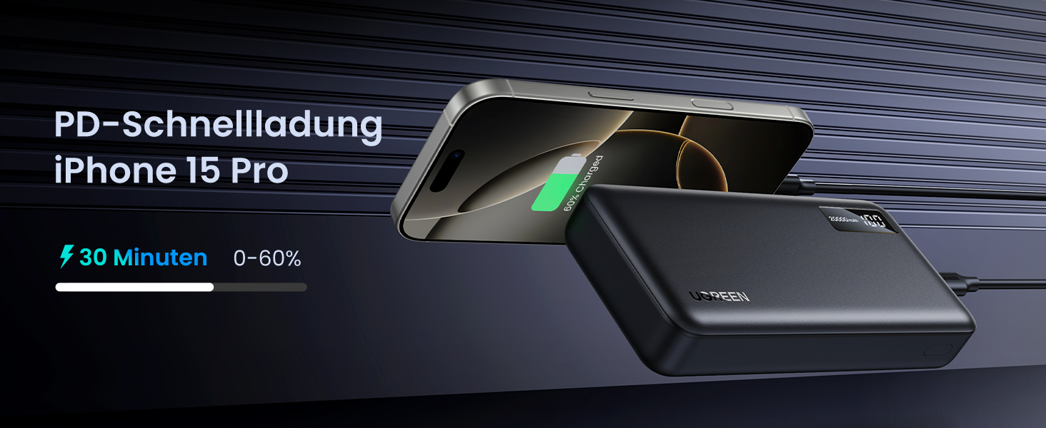 Повербанк UGREEN 20000mAh 22.5W з USB-C та 2 USB-A, зовнішній акумулятор для iPhone 16/17, Samsung Galaxy S26 Ultra, Google Pixel 10