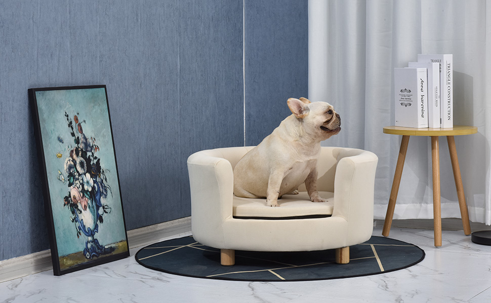 PawHut Софа для собак з підголівником та знімним подушкою, для дому, 65x64x37 см, кремовий колір