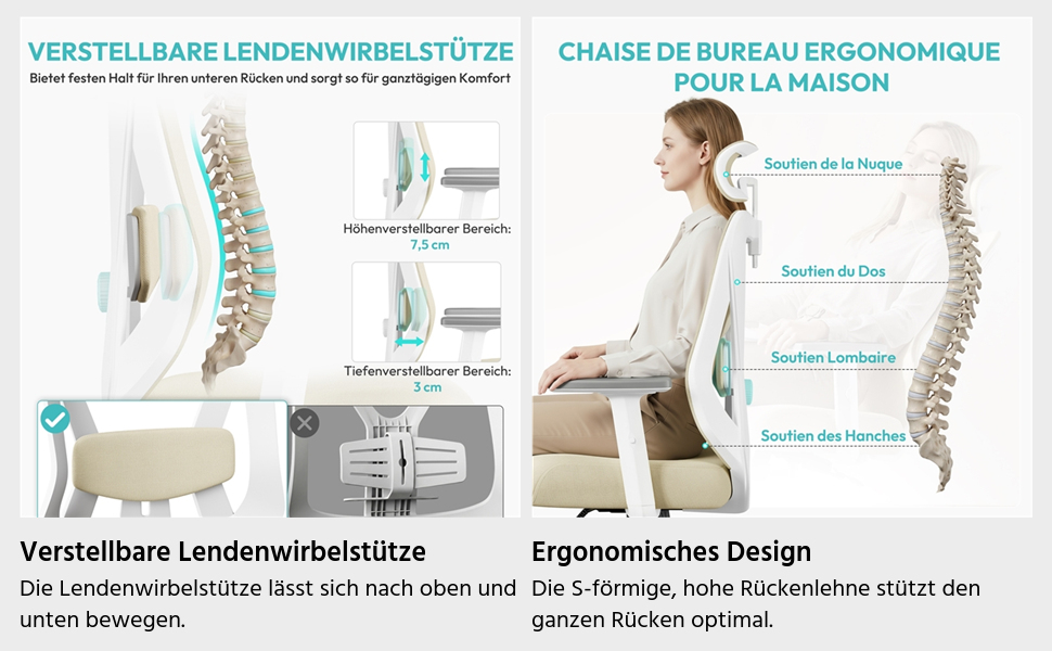 Офісне крісло Yaheetech з регульованою підголівником та підтримкою попереку, дихаюча сітчаста спинка, широке сидіння, S-подібна спинка, поворотне на 360°, бежеве