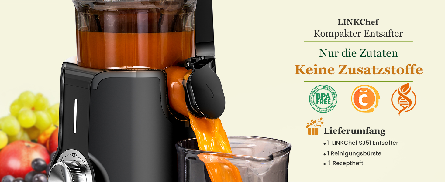 Шнекова соковижималка LINKChef Slow Juicer для овочів та фруктів, широкий завантажувальний отвір 115 мм, потужність 200 Вт, BPA-free, чорна
