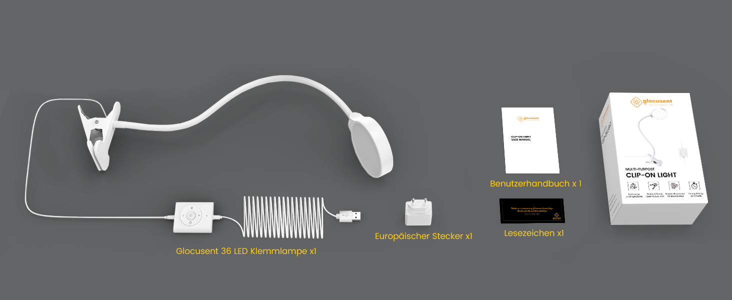 Glocusent 5W LED Лампа для читання на ліжко, кліпса, 3 кольори/5 рівнів яскравості, гнучкий тримач, CRI 90, USB зарядка (біла)