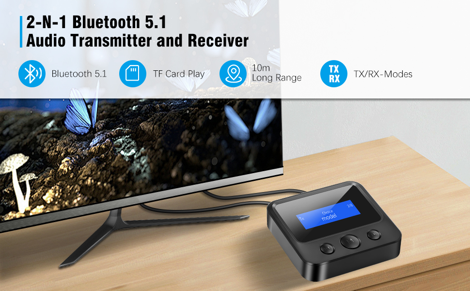 Bluetooth 5.1 Передавач/Приймач Аудіо: 2-в-1 Адаптер для ТВ, Стерео, AUX, RCA, з дисплеєм та низькою затримкою