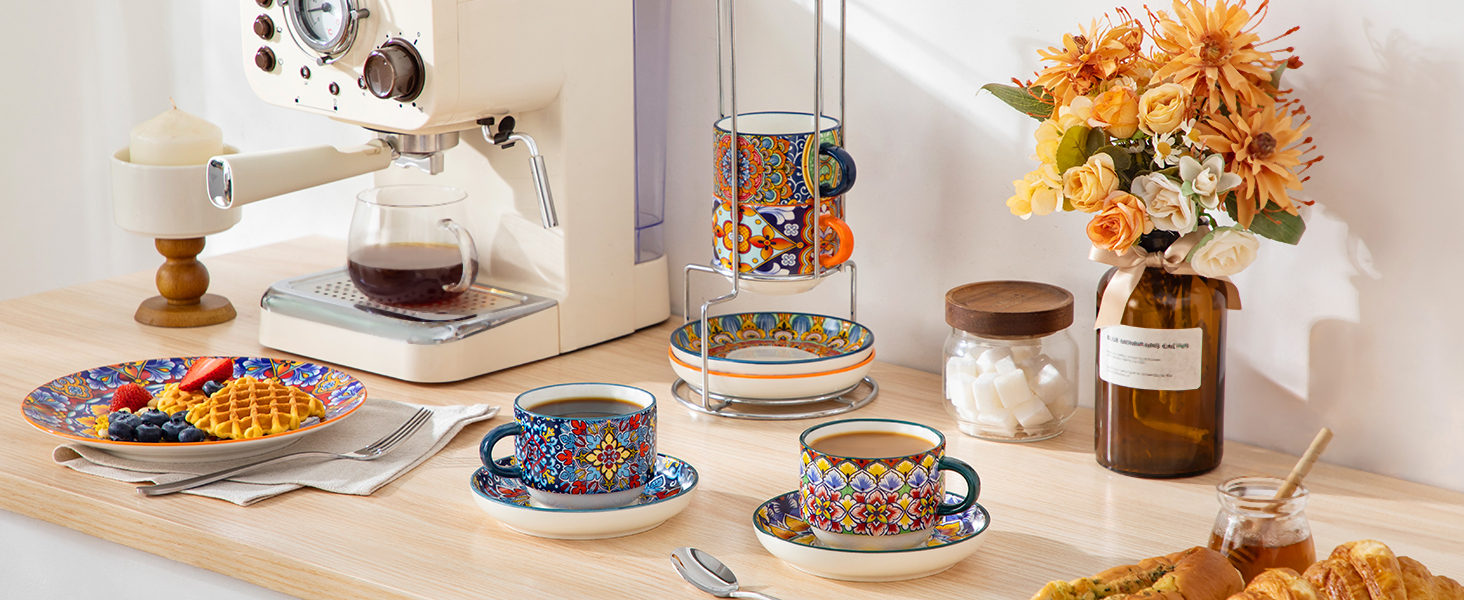 Набір чашок для еспресо Vancasso 4 шт., 150 мл SIMI з підставками та стійкою, керамічні, для капучино, еспресо, лате