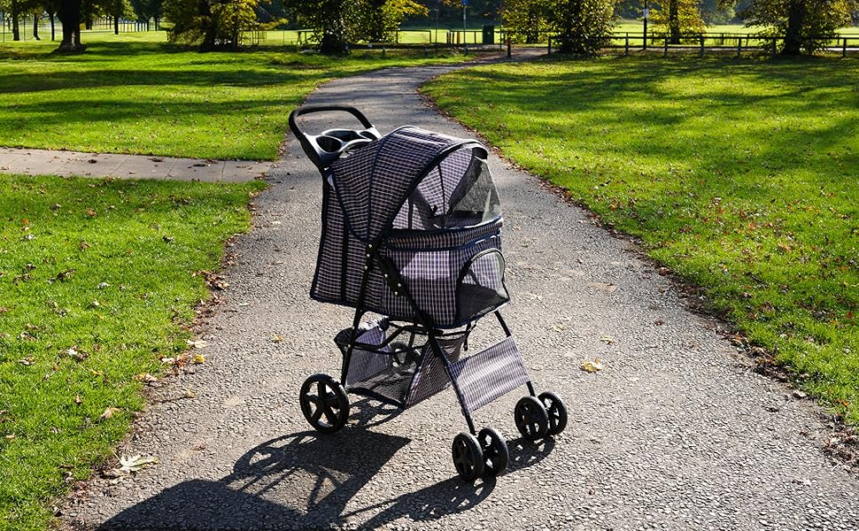 Візок для тварин Monster Shop з сумкою, знімний, складний, до 15 кг, колеса, гальма, сітчасте вікно, кошик, тримач для напоїв, кишені та водовідштовхуючий тент (синій тартан)