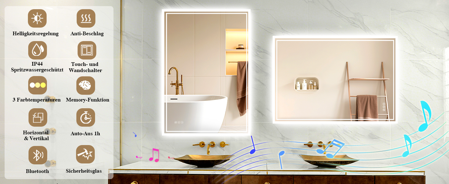 Дзеркало для ванної кімнати з підсвічуванням LED, антизапар, сенсорне управління, регулювання яскравості, 3 кольори світла, овальне, 50x70 см (Bluetooth, антизапар, 100L x 70B см)