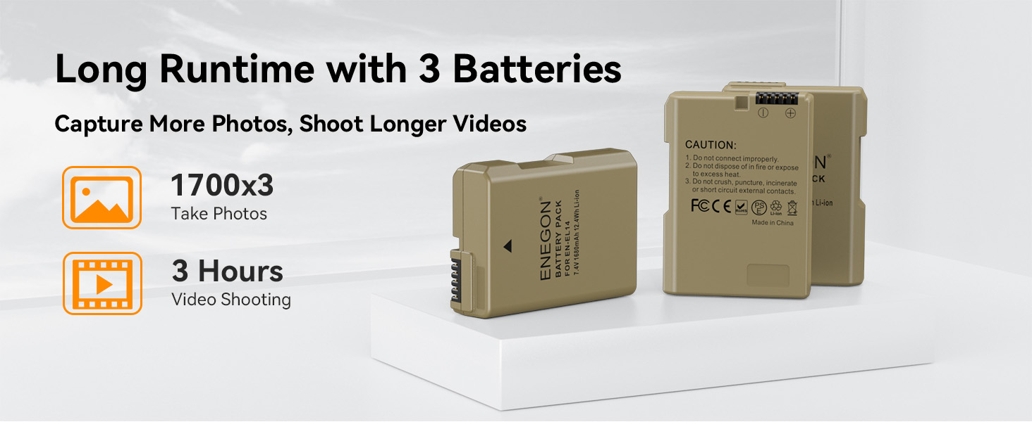 Запасний акумулятор ENEGON EN-EL14/EL14a (2 шт.) та смарт-LED зарядний пристрій Dual USB для Nikon DSLR D3100, D3200, D3300, D3400, D3500, D5100, D5200, D5300, D5500, D5600, DF, Coolpix P7000, P7100, P7700, P7800 (2 акумулятори + зарядний пристрій)