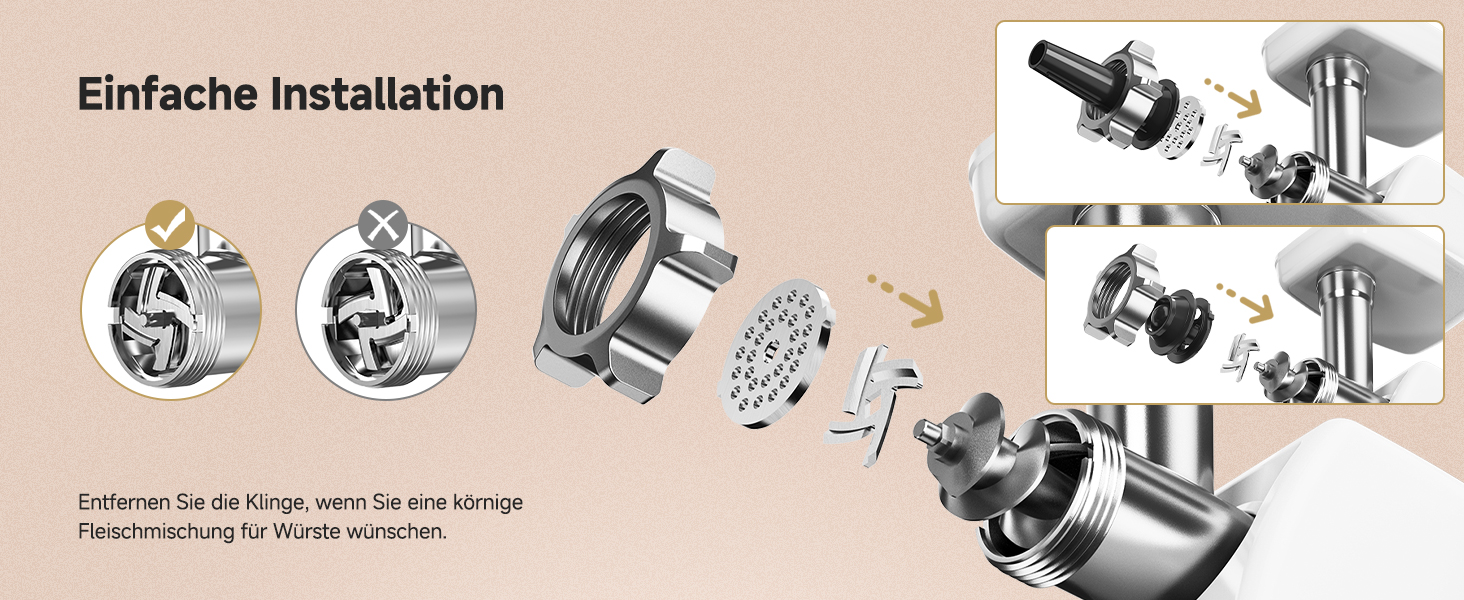 М'ясорубка електрична AMZCHEF для дому з 3 насадками, пристроєм для ковбас та набором для куббе | Ідеально для фаршу, ковбасок та домашньої кухні (біла)