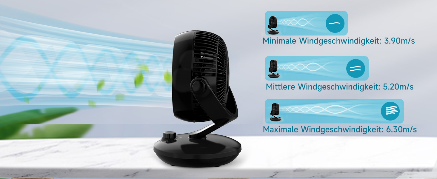 WOWDSGN Вентилятор для дому: тихий настільний циркулятор повітря 24dB, 3 швидкості, 100°/80° осциляція, чорний Xd-1586fc