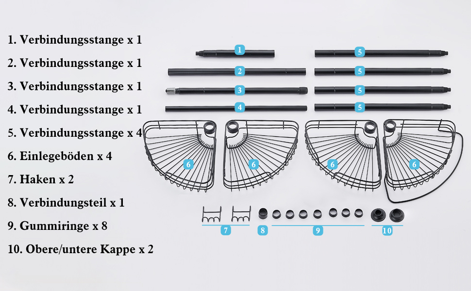 DUFU Поличка для душу та ванни кутова металева з 4 кошиками, регульована висота 73-265 см, чорна