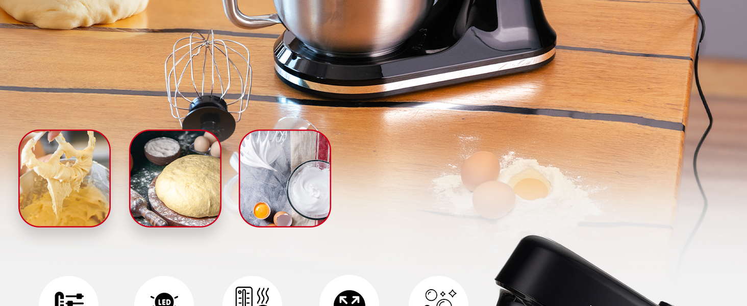 Кухонна машина Lehmann з дисплеєм, 12 швидкостей, функція ферментації з підігрівом, вбудована вага, таймер, міксер з 3 насадками та 5л чашею
