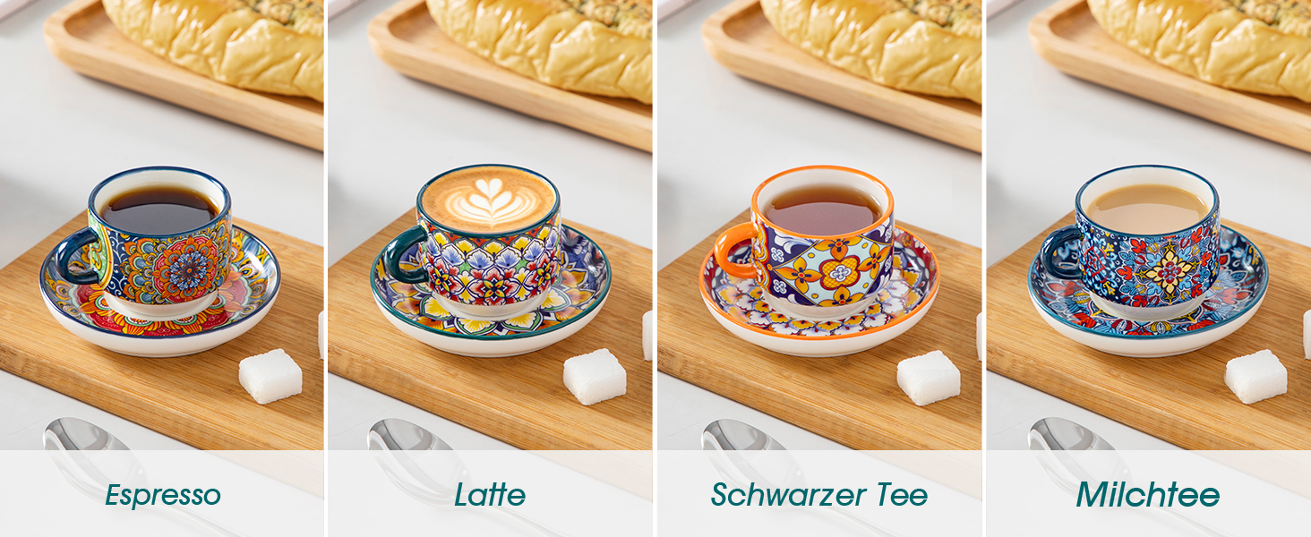 Набір чашок для еспресо Vancasso 4 шт., 150 мл SIMI, з підставками та стійкою, керамічні, для капучіно, еспресо, лате