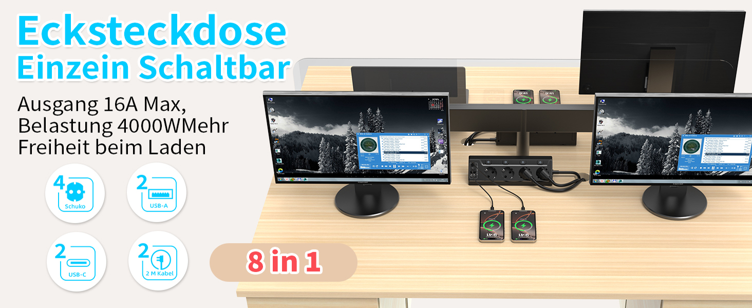 Мережевий адаптер з захистом від перенапруги Eck з USB-C, 6 розеток, 2м кабель (4000W, 16A), розподільний блок для кухні, офісу (4 розетки, чорний)