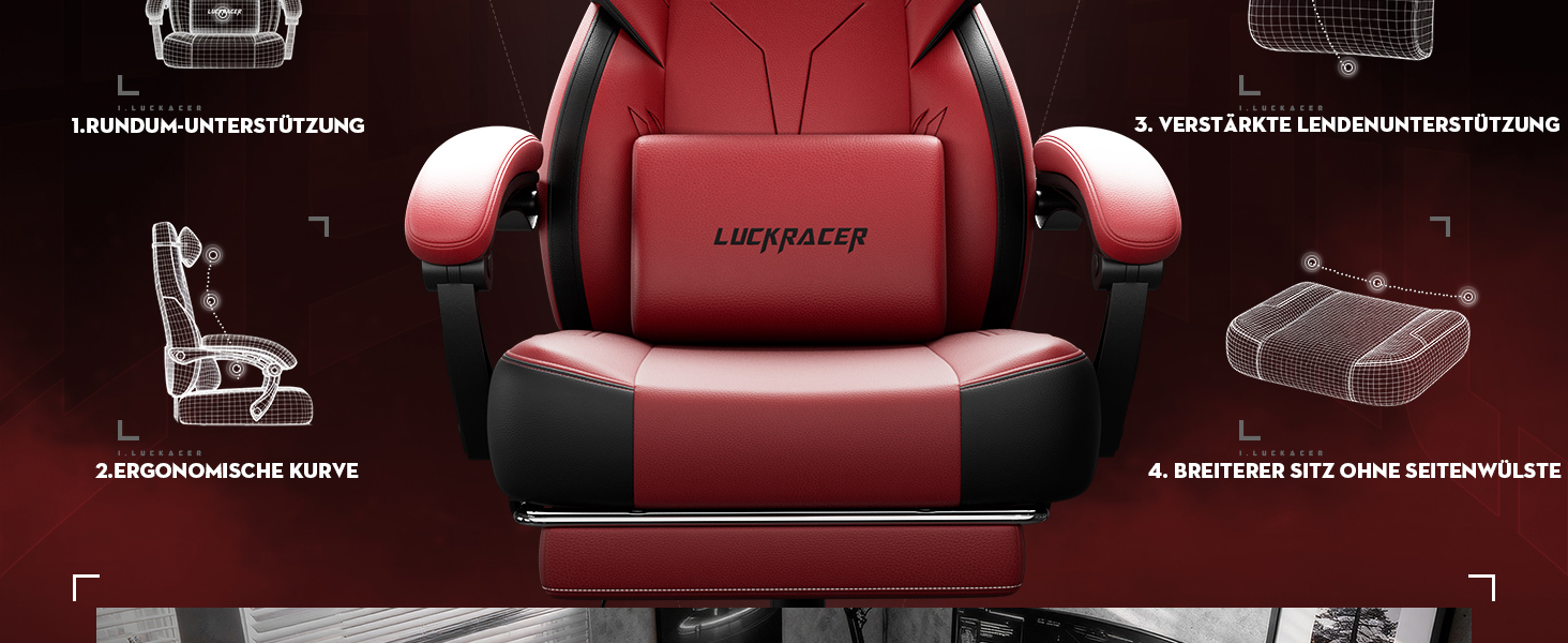 Ігрове крісло LUCKRACER для геймерів та офісу, ергономічний стілець з підставкою для ніг, подушками з ефектом пам'яті, нахилом спинки 90–155° та витримуванням до 150 кг (Червоне, штучна шкіра)