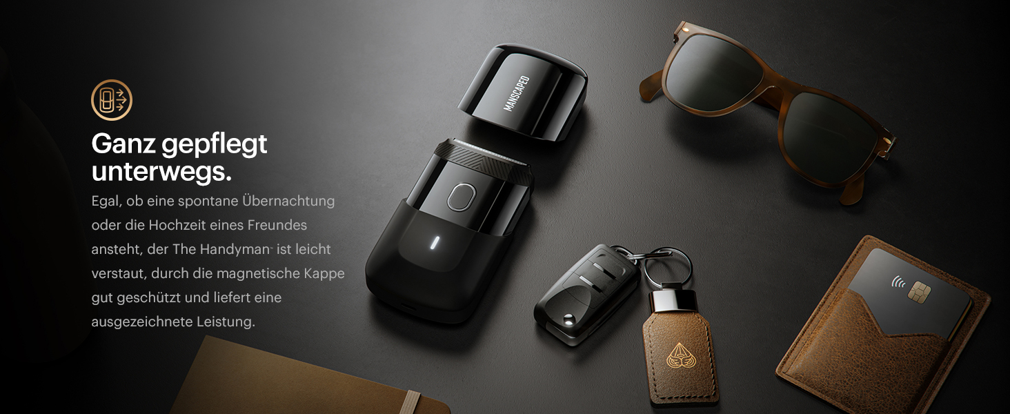 The Handyman™ by MANSCAPED®: Travel Shaver, Lightweight Rechargeable Electric Shaver with USB-C Charging Cable for On-the-Go, Washable, with Long Hair Trimmer and Foil Shaver Head.