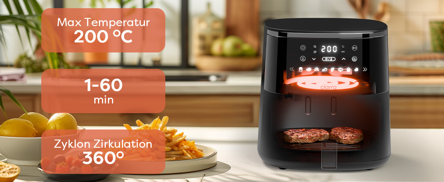 Фритюрниця повітряна CIARRA з цифровим дисплеєм, 5 л, без олії, антипригарне покриття, 8 режимів приготування