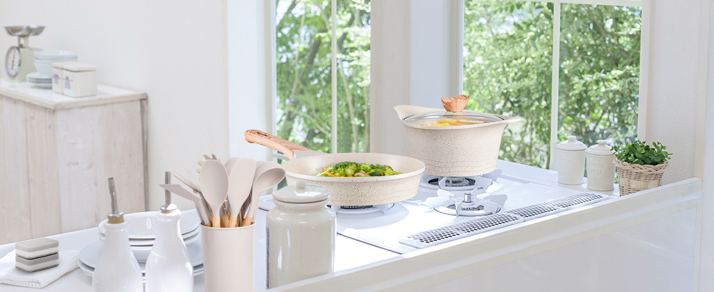 Набір посуду RIOVARM з індукційним покриттям з граніту Antihaft, з кришкою: каструлі, сковорідки, шпатель. Без PFOA.