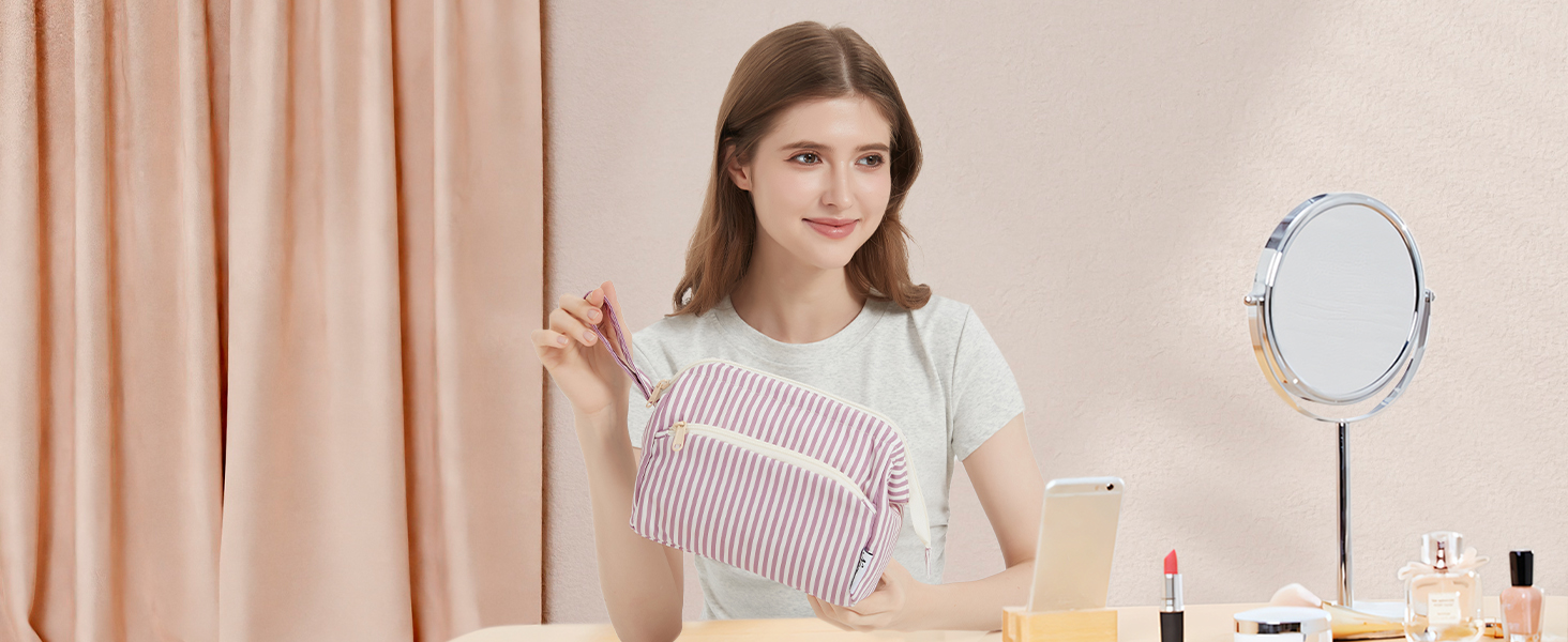 Косметичка жіноча Narwey для подорожей: зручна та містка сумка для косметики та аксесуарів (сіро-блакитний, рожеві смуги)