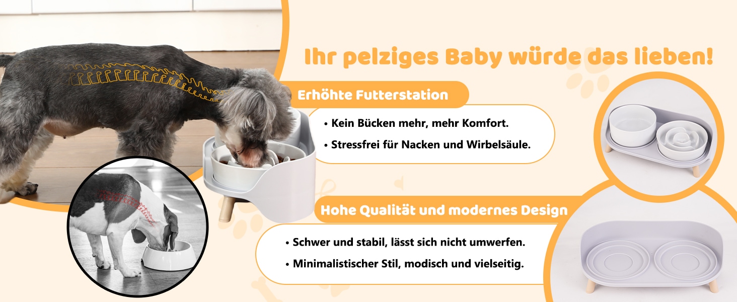 Набір мисок для собак з кераміки, піднятий на платформі: миска для повільного годування, набір з двох мисок для маленьких та середніх собак, годівниця та поїлка з антиковзним підставкою, колір - білий