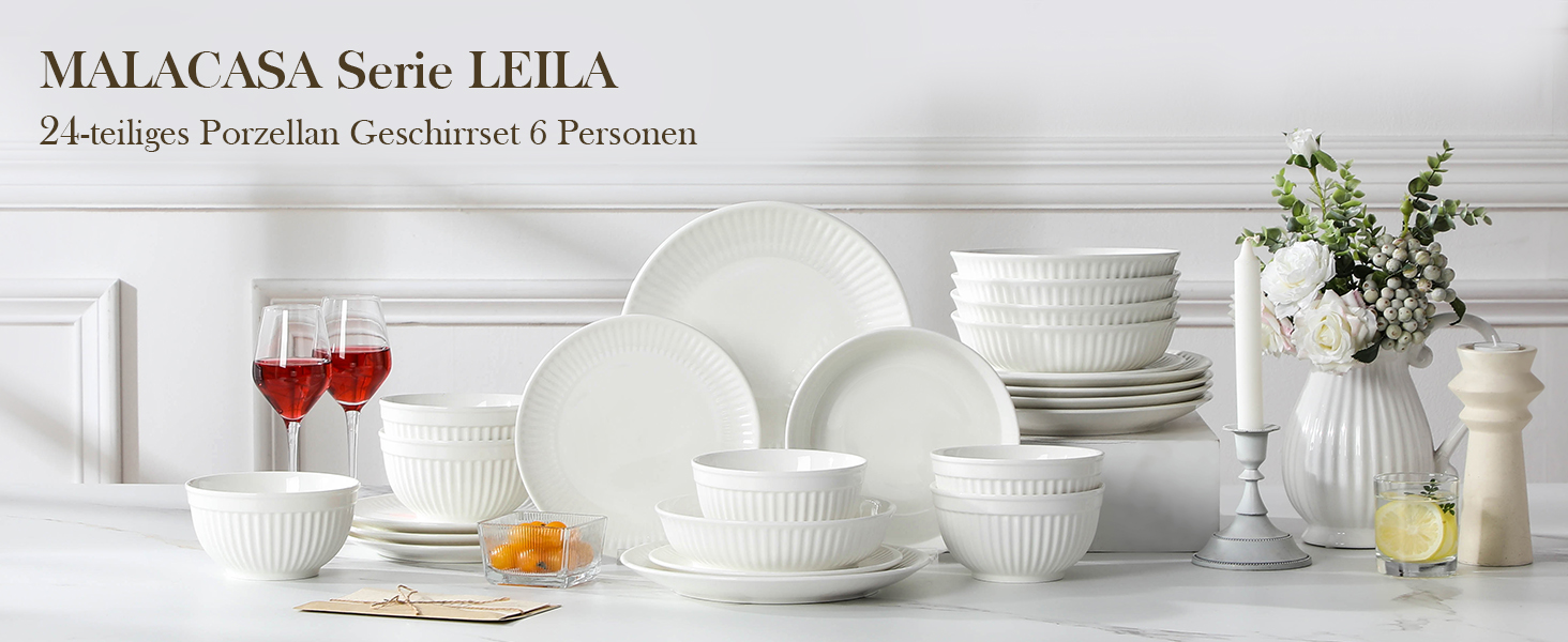 MALACASA LEILA Набір посуду на 6 осіб, 24 елементи: тарілки, миски, порцеляна, ручна робота, для мікрохвильовки та посудомийної машини, білий