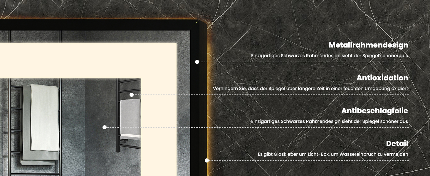 Дзеркало YOURLITE з підсвічуванням 70x50 см, LED дзеркало для ванної кімнати з сенсорним вимикачем, годинником, 3 кольори світла, регулювання яскравості, антизапарник, пам'ять, срібний (чорний, 80x60 см)