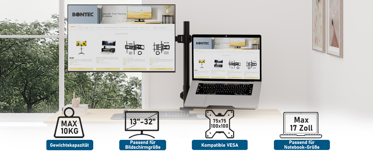 Тримач для монітора BONTEC з кріпленням для ноутбука, 13-32 дюйми, VESA 75x75-100x100mm