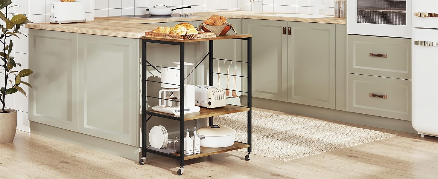 WOLTU Kitchen Shelf, Freestanding Shelf, Microwave Holder, Baker's Rack, Metal Shelf made of Wood and Steel, with 3 Shelves, approx. 60 x 40 x 82 cm, White + (Vintage Brown)