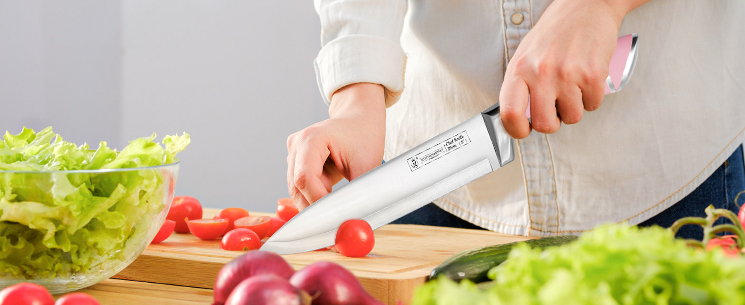 Набір кухонних ножів Justup 9шт з обертовим блоком, рожевий. Набір ножів з нержавіючої сталі з антипригарним покриттям, з точилкою для кухні.