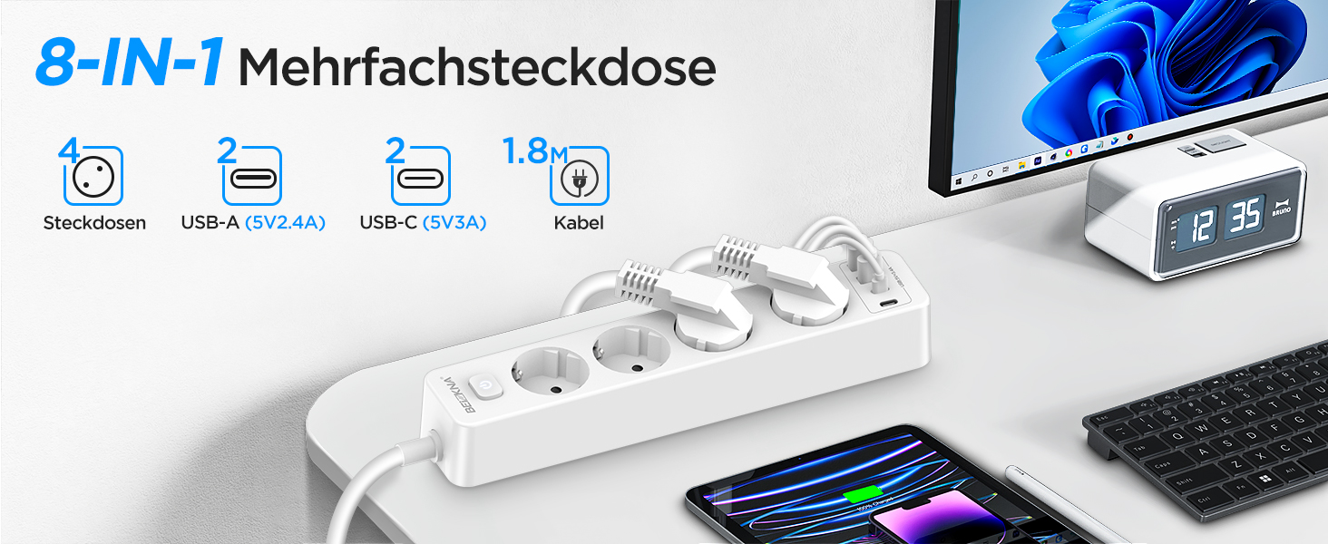 Розподільник розеток з 4 USB та захистом від перенапруги, 4000W, 16A, з вимикачем, 1.8м кабель, білий