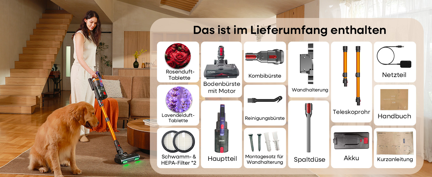 Бездротовий акумуляторний пилосос KIPMAX 50000Pa, 550W, 70 хвилин, 1.5L, з дисплеєм, антизаплутана щітка, 7-шаровий фільтр, 2 арома-пластини, для килимів, шерсті тварин, твердих поверхонь, золотий