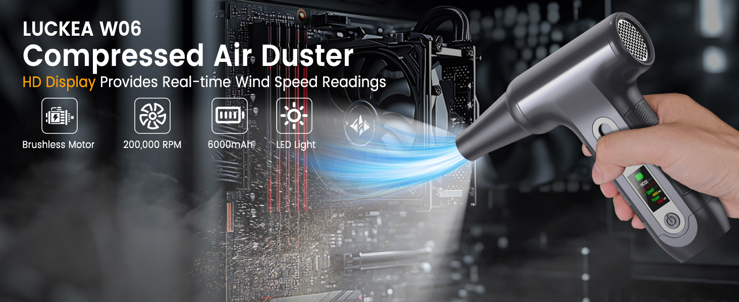 Електричний повітряний дмухач з HD-дисплеєм - 200000 обертів/хв, LED-підсвічування, акумуляторний міні-дмухач, спрей для чищення ПК, повітряний дмухач для клавіатури, дому, авто, W06, сріблястий