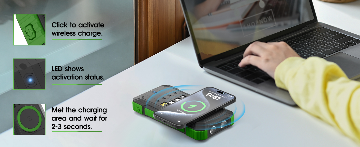 Портативний зарядний акумулятор Power Bank 56800mAh з сонячною панеллю, 30W, USB C, бездротова зарядка, 6 виходів, 3 входи, LED ліхтарик, компас, чорно-зелений