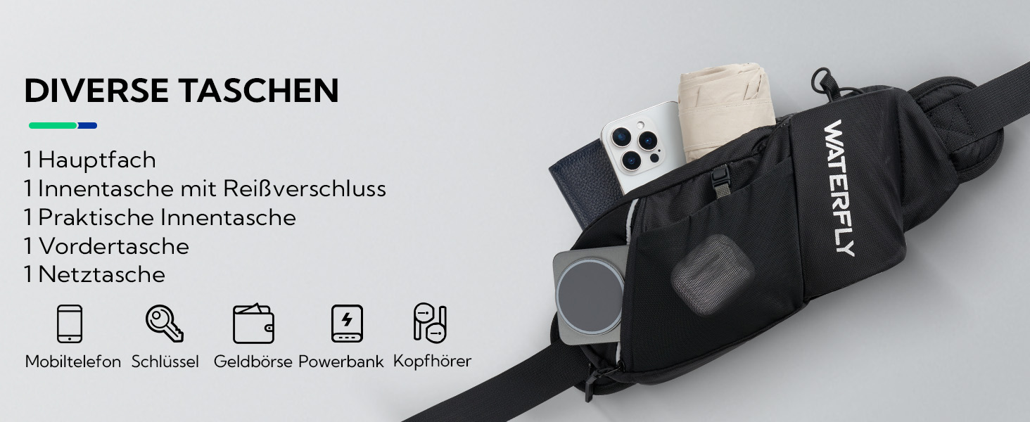 Чоловіча/жіноча поясна сумка Waterfly з тримачем для пляшки: спортивна, стильна, для бігу, прогулянок, велосипеда, подорожей, чорна