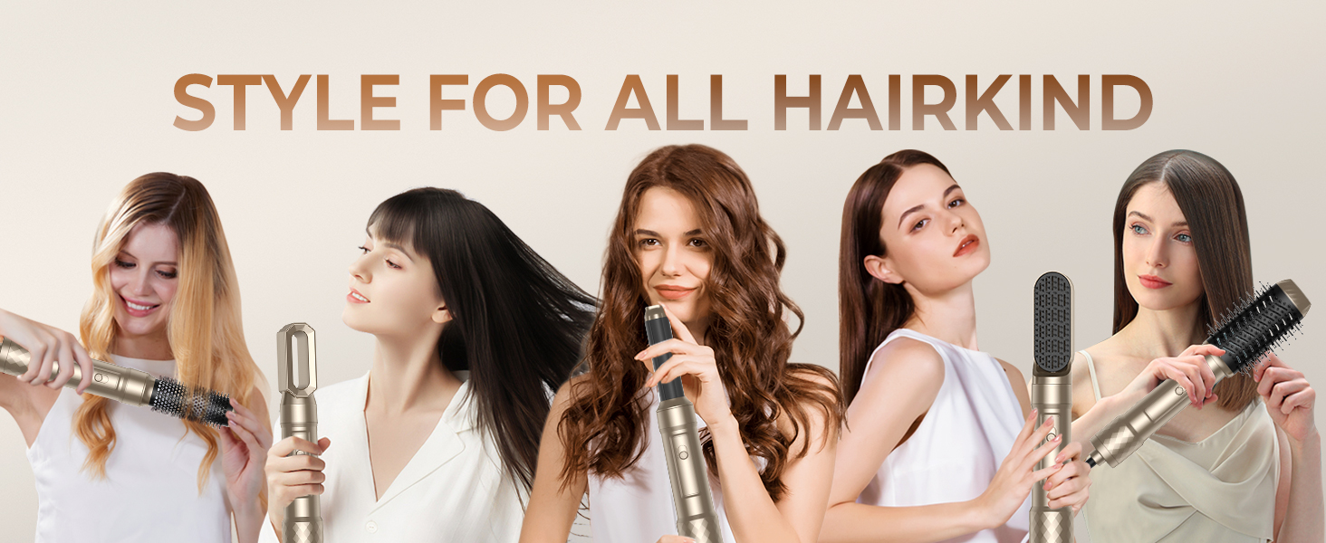 Air Styler 7-в-1: Фен-щітка, плойка, випрямляч. Зібрано 7 функцій у 1 золотому приладі. 110 000 обертів/хв, іонізація, складне зберігання. Ідеально для створення зачісок, локонів та випрямлення волосся.