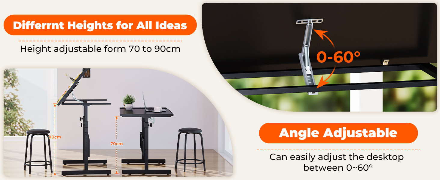 Adjustable Drafting Table with Tilting Surface (0-60°) - Height Adjustable Art Table with Stool and Storage for Home & Office - Black Wood Finish