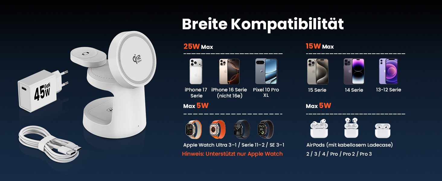 Зарядна станція GEEKERA Qi2.2 25W 3-в-1 з нічником, MagSafe сумісна, для iPhone 12-17, Apple Watch 2-11, AirPods + 45W GaN адаптер (Матовий білий)