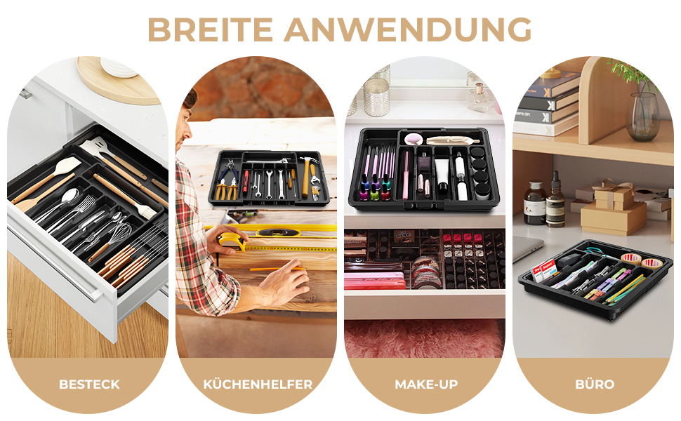 Органайзер для столових приборів в шухляду, розширюваний, 6-9 відділень, з 2 знімними блоками для ножів, чорний