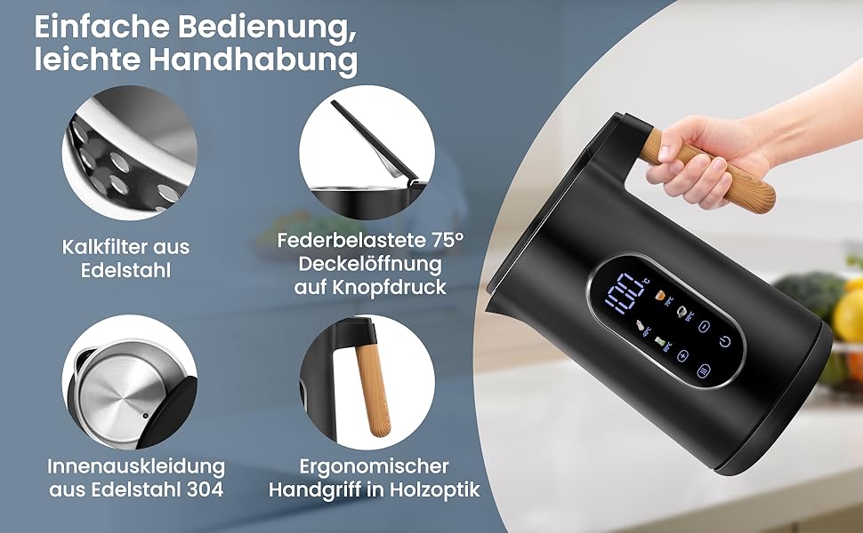 Електричний чайник VORSCH з нержавіючої сталі, 1,7 л, 2200 Вт, регулювання температури, підтримання тепла, захист від сухого кипіння, LCD-дисплей, поворотна база 360°, подвійні стінки, BPA-free, чорний з дерев'яною ручкою