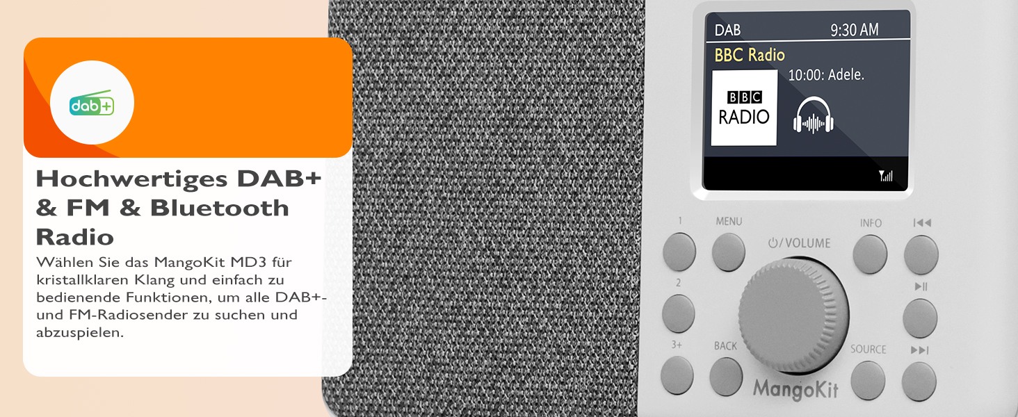 Портативне цифрове радіо MD3 DAB/DAB+/FM з Bluetooth, динаміком та навушниками, 40 станцій, будильник, годинник, таймер, кольоровий дисплей, батарея/мережа (сірий камінь)