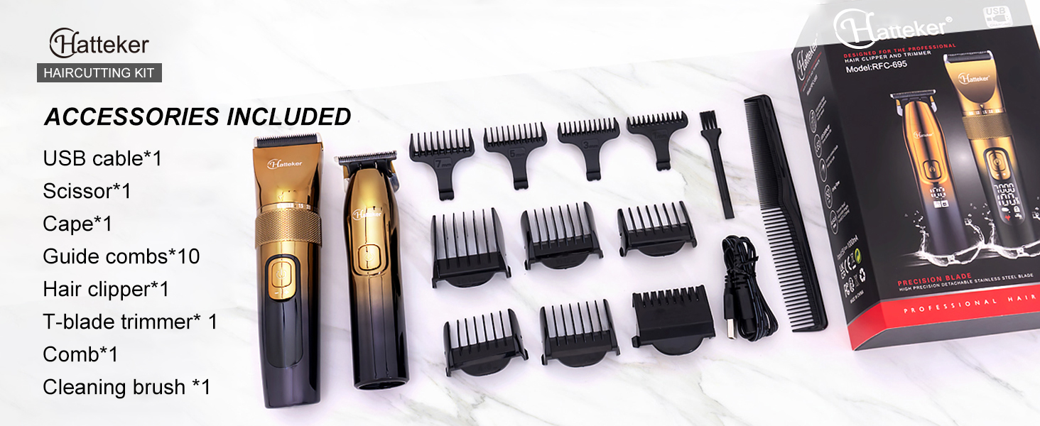 Hatteker Profi Машинка для стрижки волосся та бороди: набір з тримером для чоловіків, T-подібний тример, водонепроникний IPX7 (Золотий)