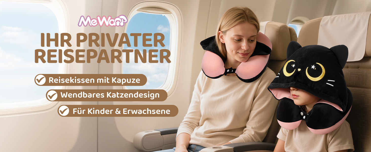 Подушка для шиї Mewaii для подорожей, двостороння подушка для дорослих, подушка для шиї з memory foam для літаків, подушка для шиї з котячою капюшоном, регульований ремінь (Рожева)
