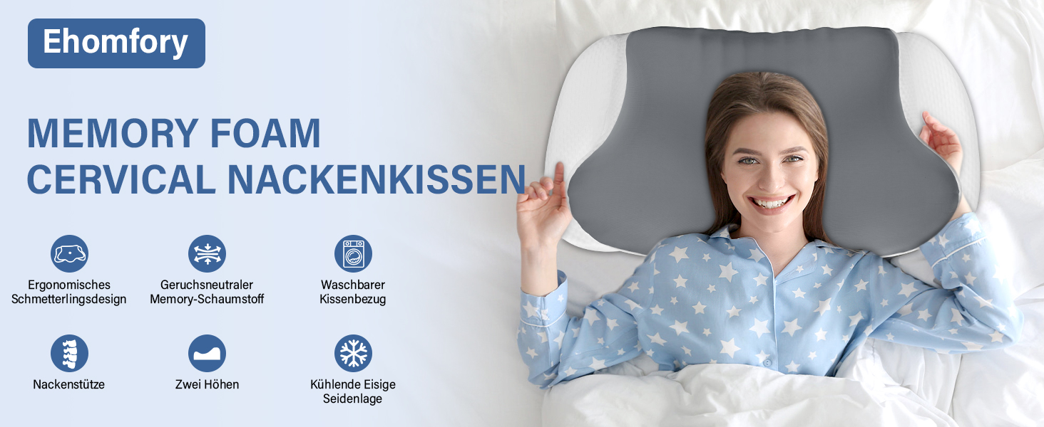 Подушка для шиї Ehomfory з ефектом пам'яті, дихаюча, ергономічна, сіра. Підходить для сну на боці, спині та животі.