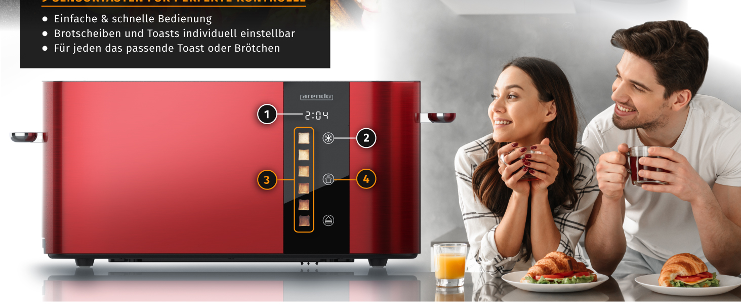 Тостер Arendo з нержавіючої сталі, 2 слоти, сенсорний дисплей, подвійні стінки, насадка для тостів, 6 рівнів підсмажування, центрування хліба, таймер, пам'ять - Чорний (D: Karminrot)