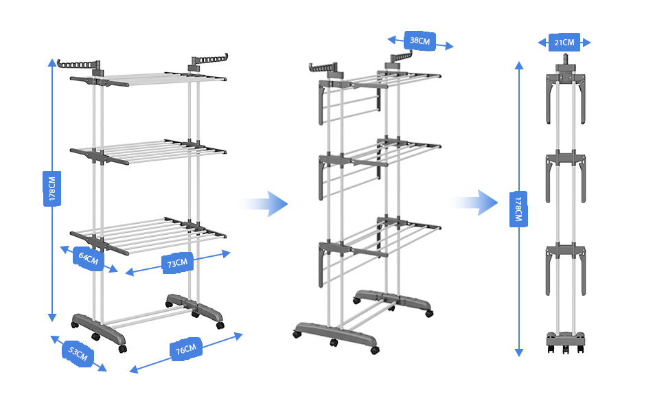 Сушарка для білизни тур-тип на коліщатках, сіра. Розкладна конструкція, 6 крил, 2 бічні крила, для дому та вулиці