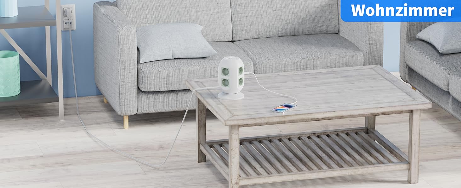 Розподільник розеток COLSTAR з 4 USB, 8 розеток, захист від перенапруги, 2м кабель, для дому та офісу (білий)