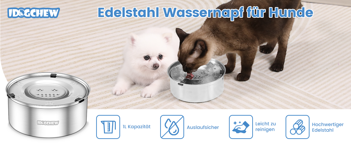 Миска для собак 1л, не протікає, з нержавіючої сталі, протиковзаюча, легко миється, срібна