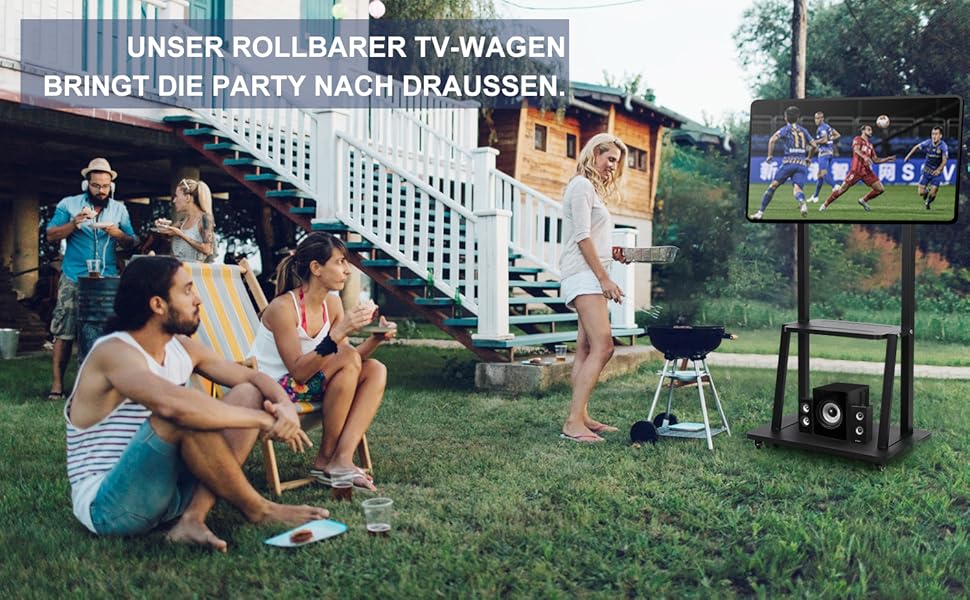 Підставка для телевізора на колесах, мобільний телевізійний візок для 32-75 дюймів LED/LCD/OLED, регульована по висоті, чорна, з полицями для ноутбука та DVD