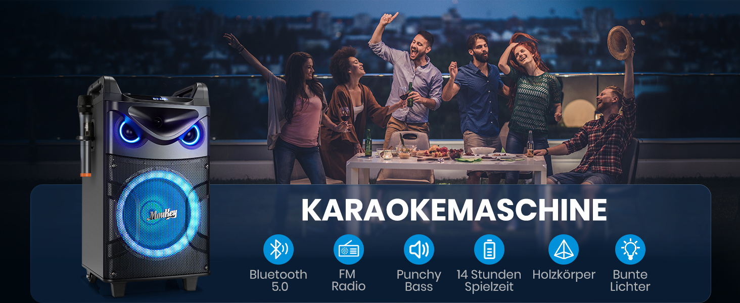 Moukey MK3016 – Караоке система з вокером 26см та твітером 8см, 2 мікрофони, Bluetooth, світлові ефекти, AUX/USB/TF/FM, TWS