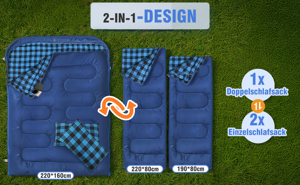 Спальний мішок для двох осіб з фланелі, 220 x 160 см, Outdoor, з двома подушками та сумкою для перенесення, блакитний