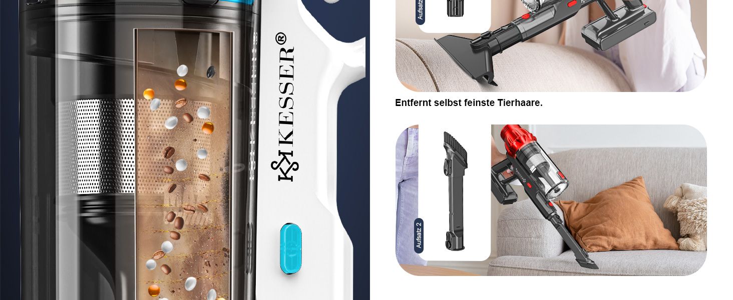 Бездротовий акумуляторний пилосос KESSER® з LED дисплеєм, 70 хв роботи, без мішка, для твердих поверхонь, килимів, шерсті тварин, чорний/червоний